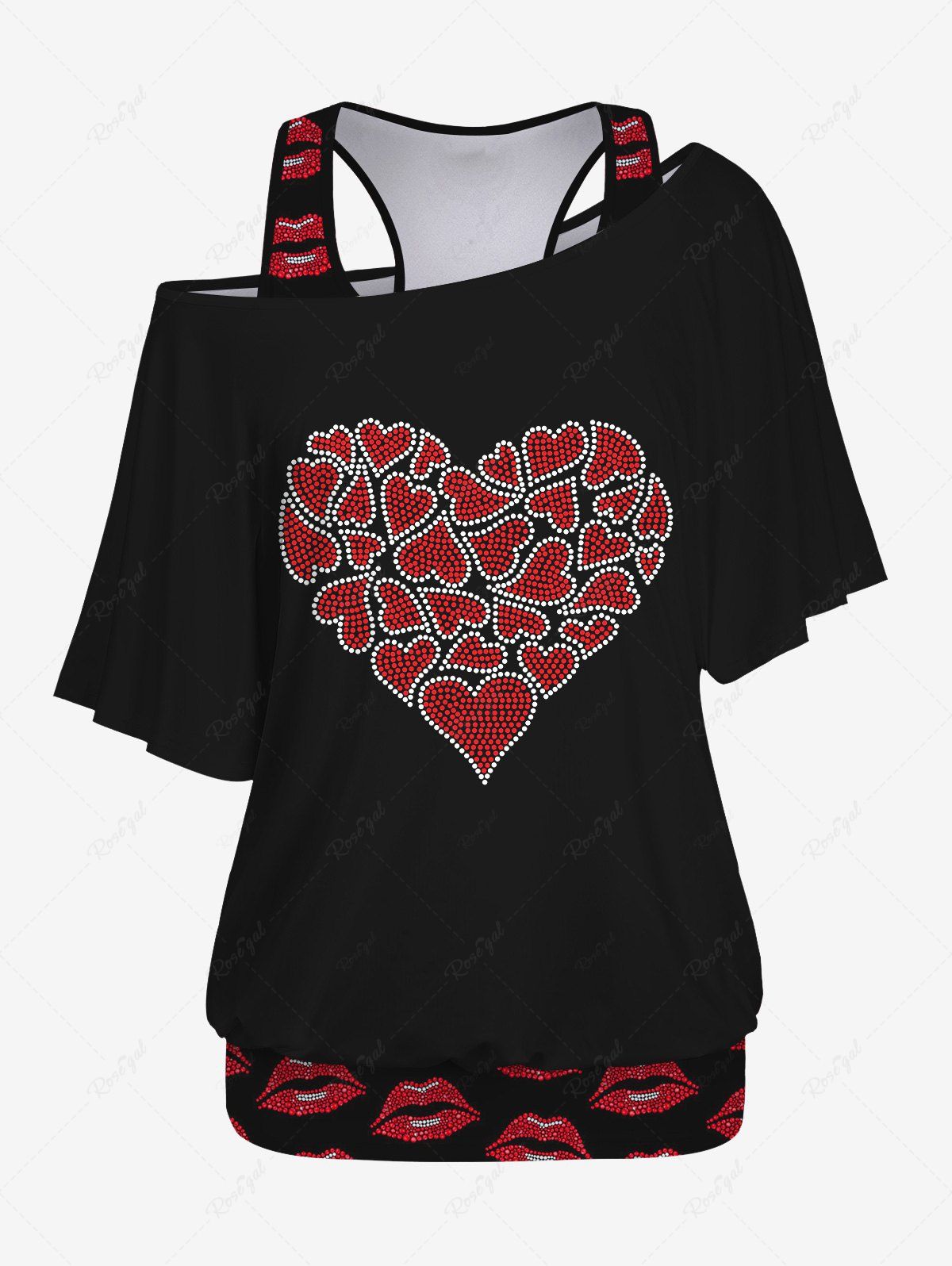 Shops Plus Size Lip Printed Racerback Tank Top and Skew Neck Batwing Sleeves Heart Graphic Valentines T-shirt Set  