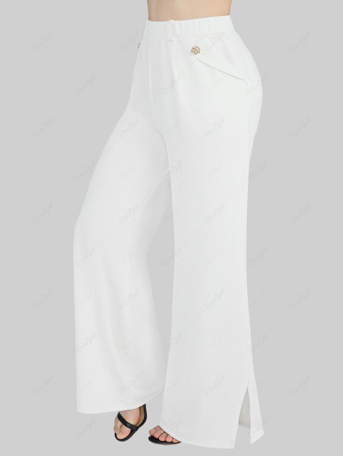 Pantalon Fente Latérale à Jambe Large en Couleur Unie de Grande Taille avec Poche Blanc de Crème  M | US 10