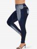 Plus Size 3D Frilled Topstitching Ombre Denim Pockets Print Skinny Leggings -  