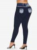 Plus Size 3D Frilled Topstitching Ombre Denim Pockets Print Skinny Leggings -  