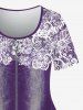 Plus Size 3D Floral Lace Applique Zipper Distressed Denim Print Short Sleeves T-shirt -  