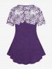 Plus Size 3D Floral Lace Applique Zipper Distressed Denim Print Short Sleeves T-shirt -  