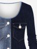 Plus Size 3D Buttons Pockets Distressed Denim Two Tone Patchwork Printed Long Sleeves T-shirt -  