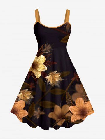Plus Size Glitter Ombre Lily Flower Leaf Print A Line Tank Dress - BLACK - 1X