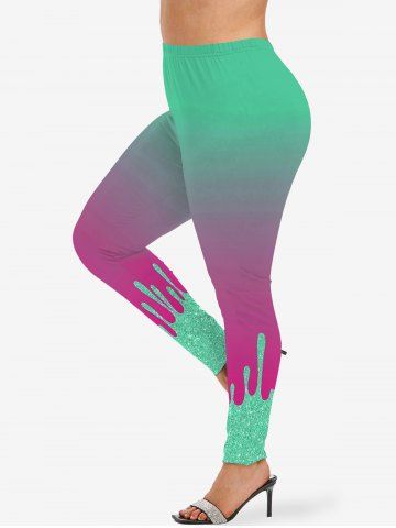 Plus Size Glitter Paint Drop Sequins Print Ombre Skinny Leggings - MULTI-A - XS