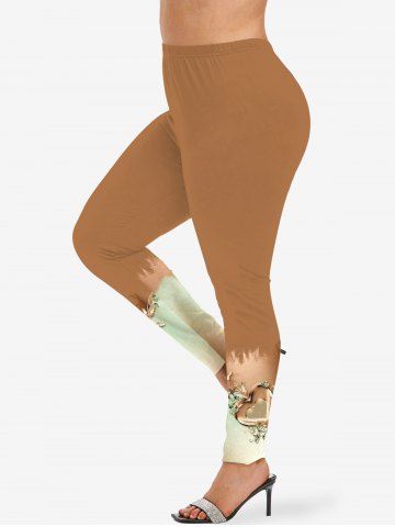 Legging Ombre à Imprimé Plume et Coeur Grande Taille - COFFEE - 1X