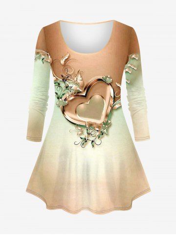 Plus Size Valentine's Day Heart Feather Vine Ombre Colorblock Print Long Sleeve T-shirt - COFFEE - XS