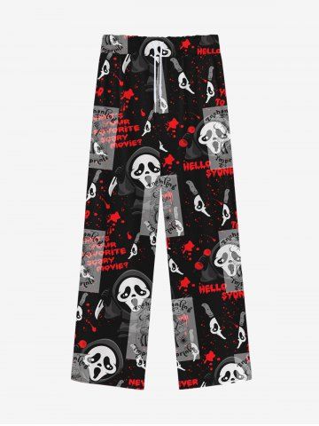 Gothic Skulls Paint Spaltter Sun Moon Print Wide Leg Drawstring Sweatpants For Men - BLACK - XL