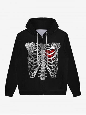 Gothic Bloody Heart Skeleton Print Valentines Zipper Pocket Drawstring Fleece Lining Hoodie For Men - BLACK - XL