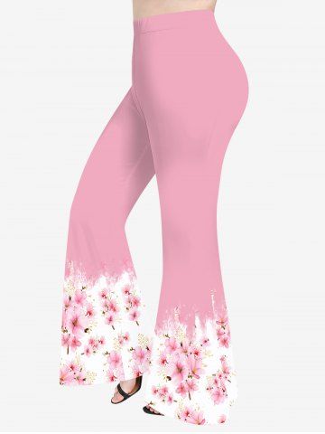 Plus Size Peach Blossom Print Pull On Flare Pants - LIGHT PINK - XS