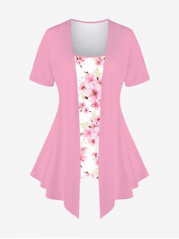 T-shirt Asymétrique Fleur Imprimée Jointif 2 en 1 de Grande Taille - LIGHT PINK - 1X