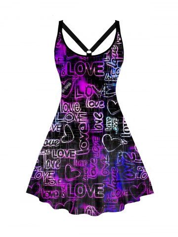 Plus Size Valentine's Day Allover Love Heart Print O Ring Elastic Strap Cami Dress - BLACK - L | US 14