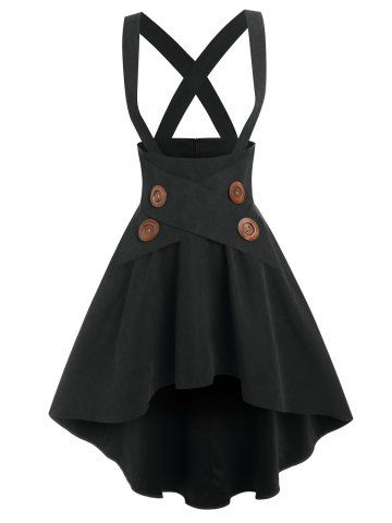 Mock Button Crossover High-low Suspender Skirt - BLACK - M