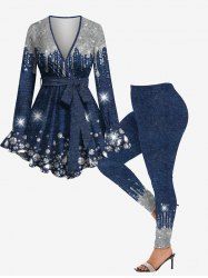 Diamond Denim Colorblock Glitter Sparkling Sequin 3D Printed Surplice Ruffles Poet Sleeve Blouse With Belt and Leggings Plus Size Outfit -  