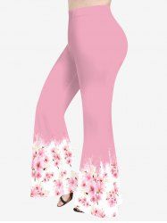 Plus Size Peach Blossom Print Pull On Flare Pants -  