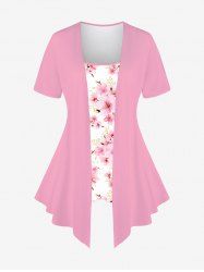 Plus Size Flower Print Asymmetric Patchwork 2 in 1 Short Sleeves T-shirt -  