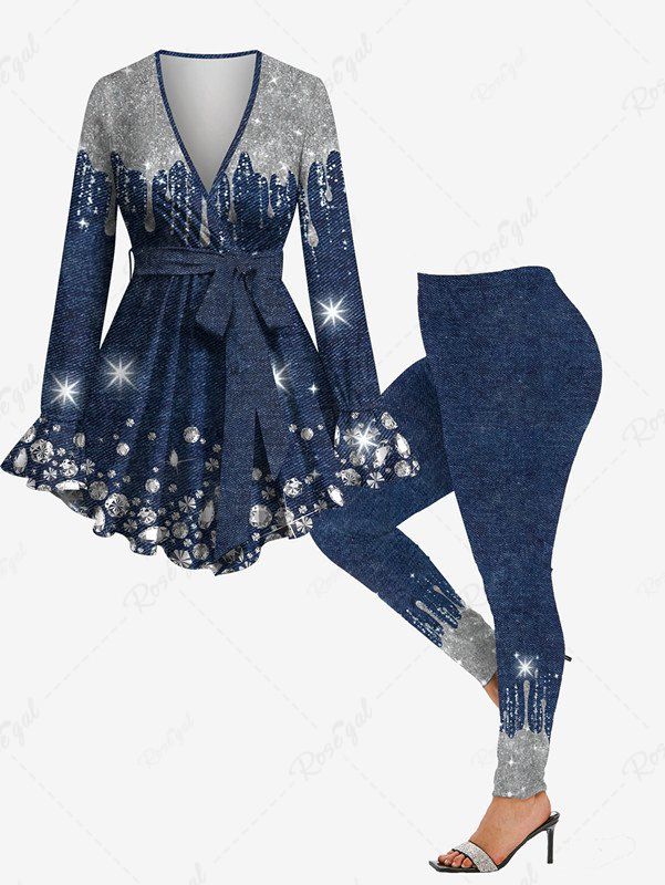 Affordable Diamond Denim Colorblock Glitter Sparkling Sequin 3D Printed Surplice Ruffles Poet Sleeve Blouse With Belt and Leggings Plus Size Outfit  