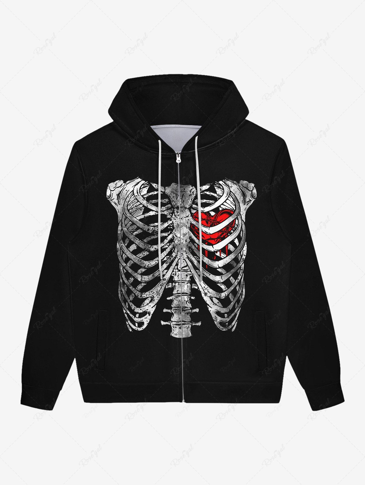 Fashion Gothic Bloody Heart Skeleton Print Valentines Zipper Pocket Drawstring Fleece Lining Hoodie For Men  