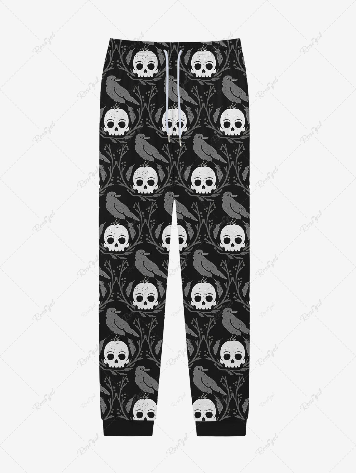 Cheap Gothic Skulls Bird Feather Floral Print Pocket Drawstring Sweatpants For Men  