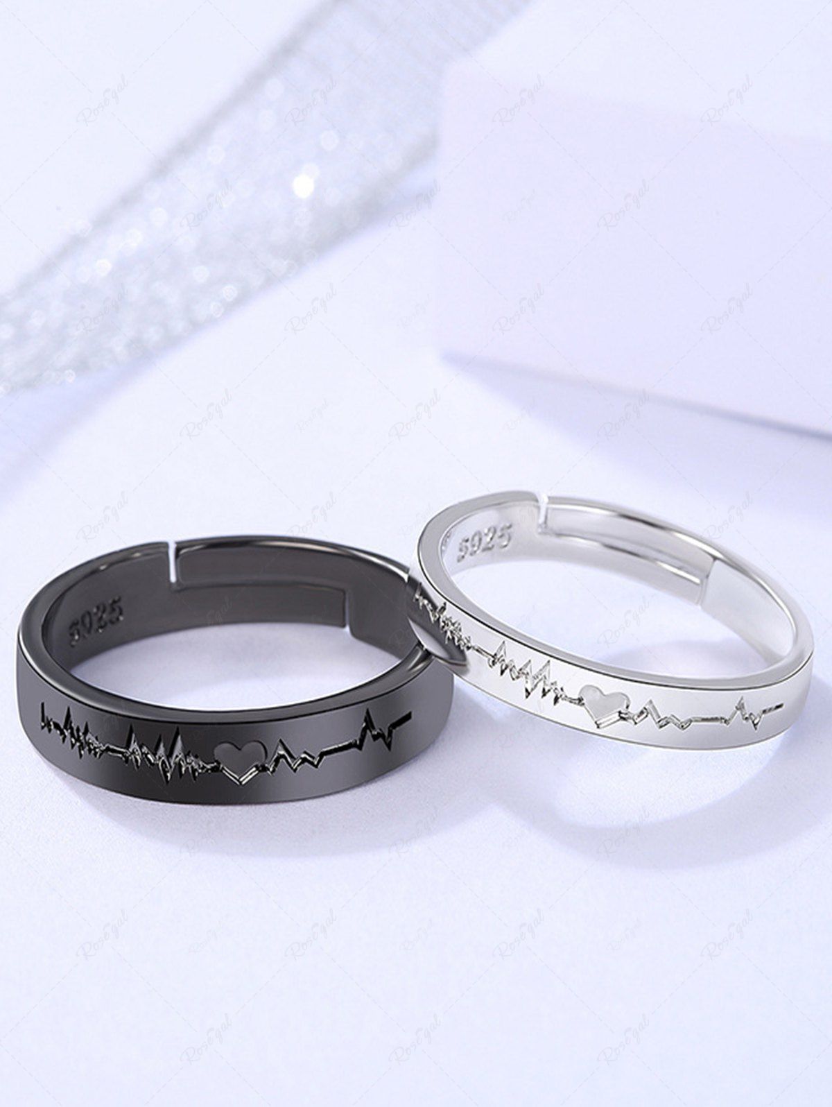 Shop Fashion Valentines Heart Eletrocardiogram Graphic Carved Open Couple Rings  
