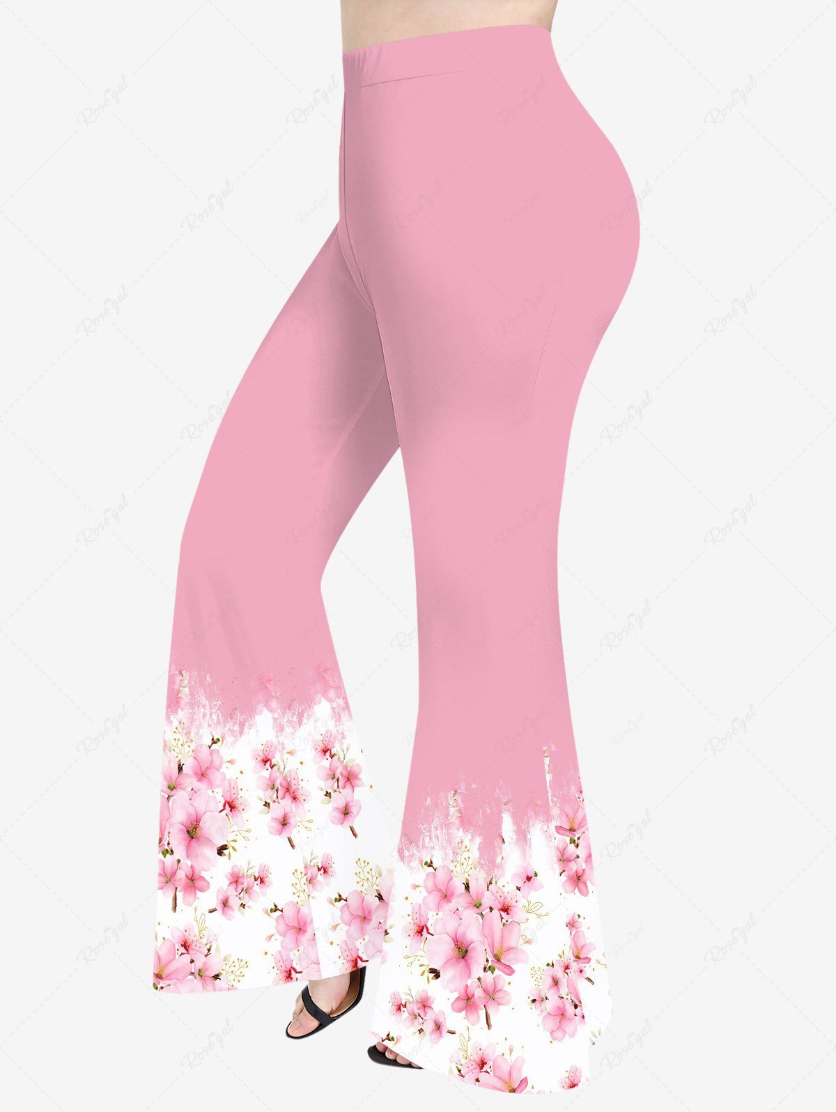 Fashion Plus Size Peach Blossom Print Pull On Flare Pants  