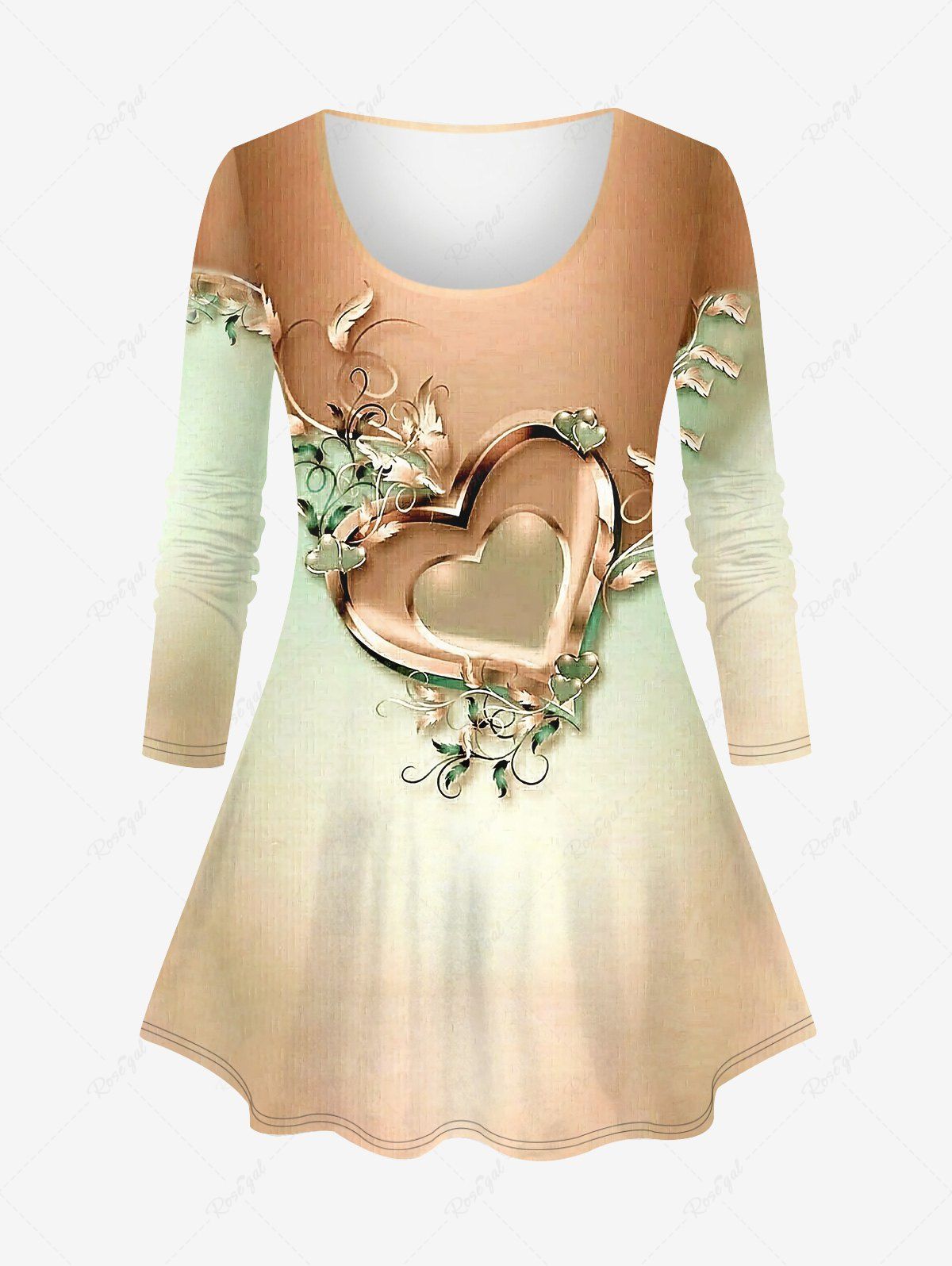 Online Plus Size Valentine's Day Heart Feather Vine Ombre Colorblock Print Long Sleeve T-shirt  