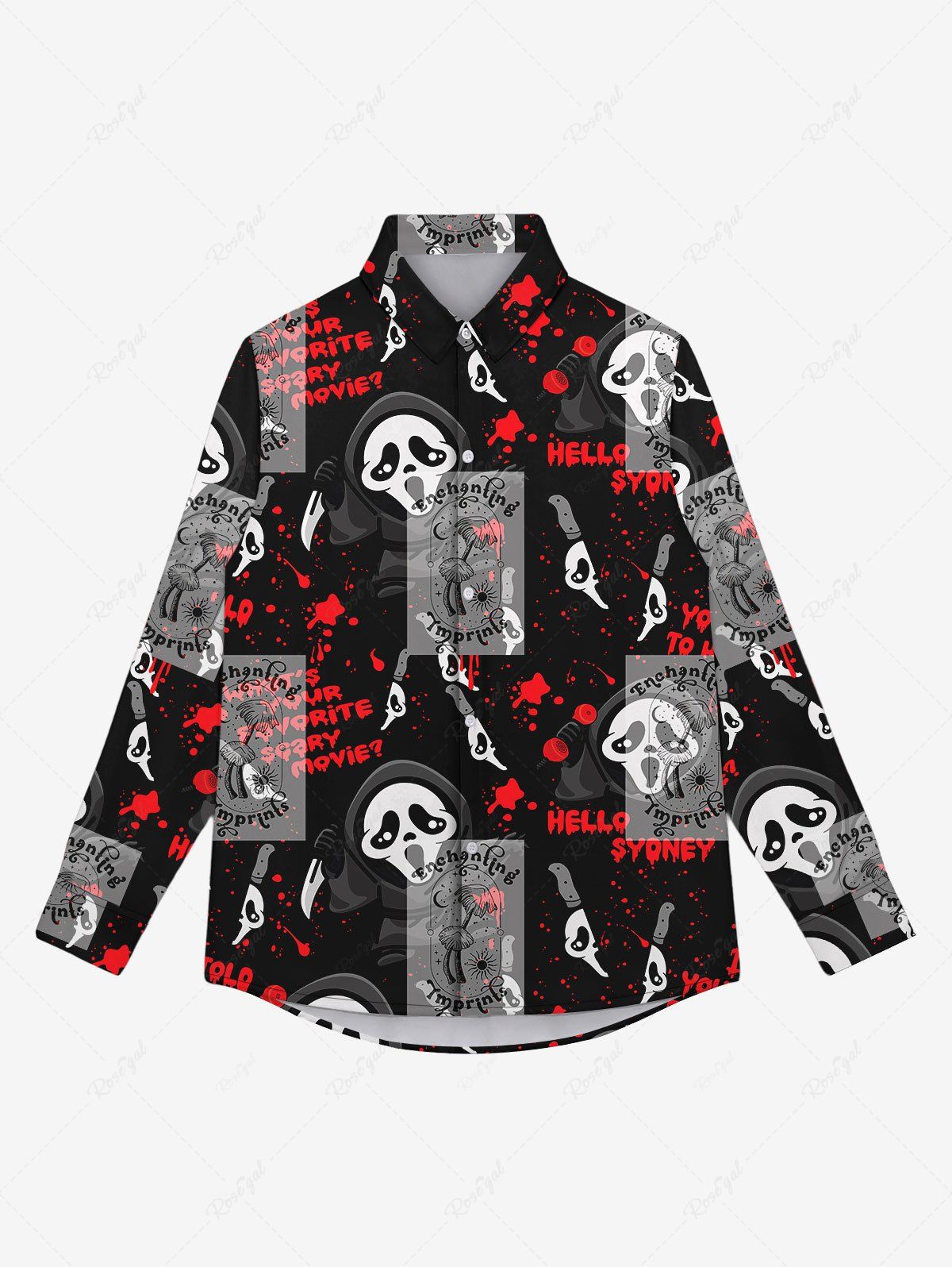 Shop Gothic Skulls Ghost Paint Splatter Letters Sun Moon Print Button Down Shirt For Men  