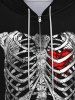 Sweat à Capuche Zippé Gothique Cœur Squelette Imprimés Doublure en Laine à Cordon - Noir 4XL