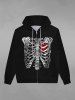 Gothic Bloody Heart Skeleton Print Valentines Zipper Pocket Drawstring Fleece Lining Hoodie For Men -  