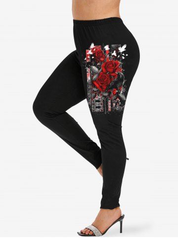 Plus Size Valentine's Day Rose Flower Birds Ripped Glass 3D Print Leggings - BLACK - L