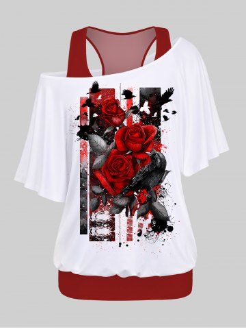 Plus Size Racerback Tank Top and Rose Flower Birds Ripped Glass 3D Print T-shirt - RED - 1X