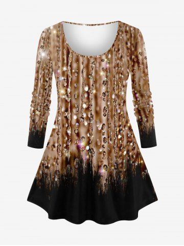 Plus Size Glitter Sparkling Sequins Water Drop Print Ombre Long Sleeves T-shirt - COFFEE - 2X