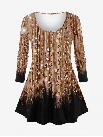 Plus Size Glitter Sparkling Sequins Water Drop Print Ombre Long Sleeves T-shirt - COFFEE - 3X