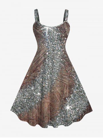 Plus Size 3D Glitter Sparkling Sequins Textured Distressed Newspapaer Print A Line Party Dress - DEEP COFFEE - S