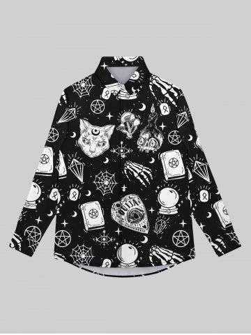 Gothic Galaxy Moon Star Spider Web Skulls Candle Flame Cat Print Button Down Shirt For Men - BLACK - XL