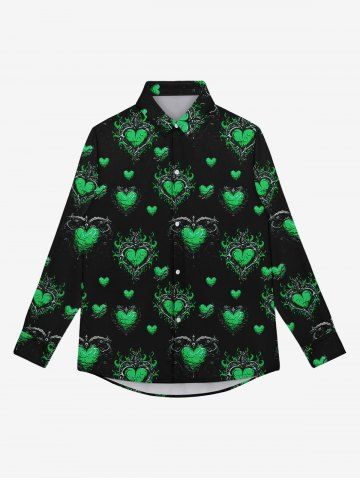 Gothic Heart Leaf Print Button Down Shirt For Men - BLACK - L