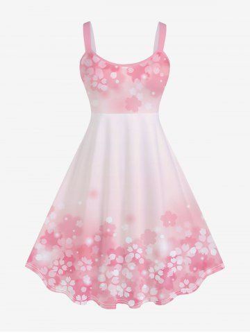Plus Size Ombre Floral Print Valentines A Line Tank Dress - LIGHT PINK - M