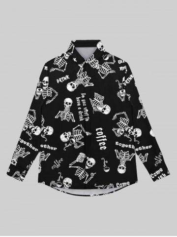 Gothic Skulls Skeleton Drinking Print Button Down Shirt For Men - BLACK - 3XL