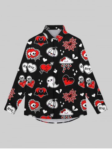 Gothic Valentine's Day Skulls Ghost Heart Cloud Star Bat Pumpkin Print Button Down Shirt For Men - BLACK - 2XL