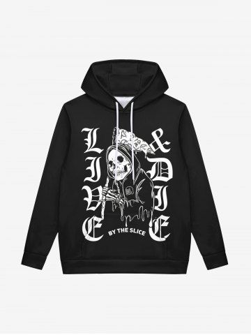 Gothic Skull Wizard Sickle Letters Print Pocket Drawstring Fleece Lining Pullover Hoodie For Men - BLACK - XL