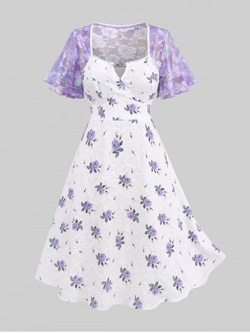 Plus Size Flutter Sleeves Rose Flower Leaf Print Embossed Lace Panel Chain V Notch 2 in 1 A Line Dress - PURPLE - 1X | US 14-16