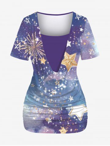 Plus Size Ombre Colorblock Galaxy Stars Sparkling Sequin Glitter 3D Print Ruched Plunge Neckline 2 In 1 T-shirt - PURPLE - S