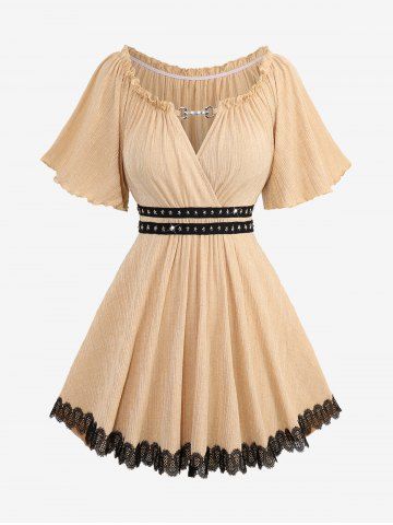 Plus Size Chain Panel Ruffles Ruched Star Rivet Lace Appliques Surplice Textured Top - LIGHT COFFEE - L | US 12