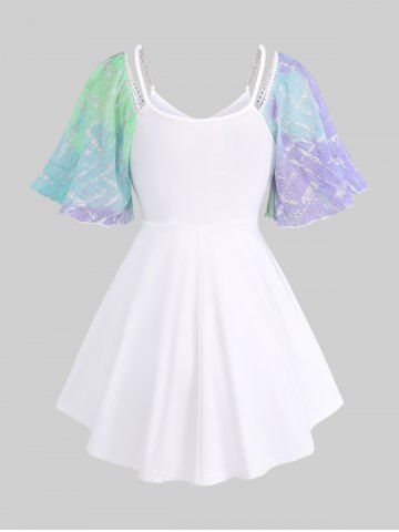 Plus Size Flutter Sleeves Colorful Colorblock Tie Dye Silver Stamping Frilled Textured Glitter Buckle Chain 2 in 1 Top