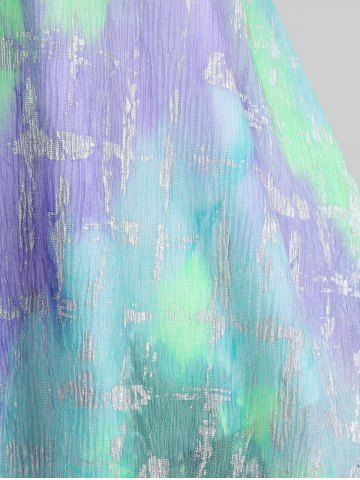 Plus Size Flutter Sleeves Colorful Colorblock Tie Dye Silver Stamping Frilled Textured Glitter Buckle Chain 2 in 1 Top