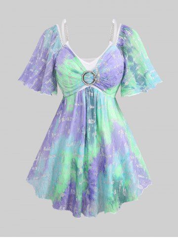 Plus Size Flutter Sleeves Colorful Colorblock Tie Dye Silver Stamping Frilled Textured Glitter Buckle Chain 2 in 1 Top - LIGHT PURPLE - L | US 12