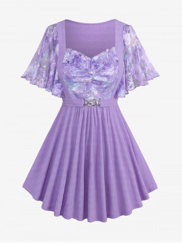 Plus Size Flutter Sleeves Colorful Floral Lace Overlay Ruffles Ruched Glitter Buckle Textured Patchwork Top - PURPLE - 1X | US 14-16