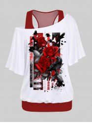 Plus Size Racerback Tank Top and Rose Flower Birds Ripped Glass 3D Print T-shirt -  