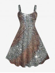 Plus Size 3D Glitter Sparkling Sequins Textured Distressed Newspapaer Print A Line Party Dress -  