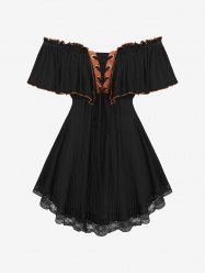 Plus Size Off The Shoulder Lace Up Textured Lace-trim Ruffles Panel Short Sleeve Top -  